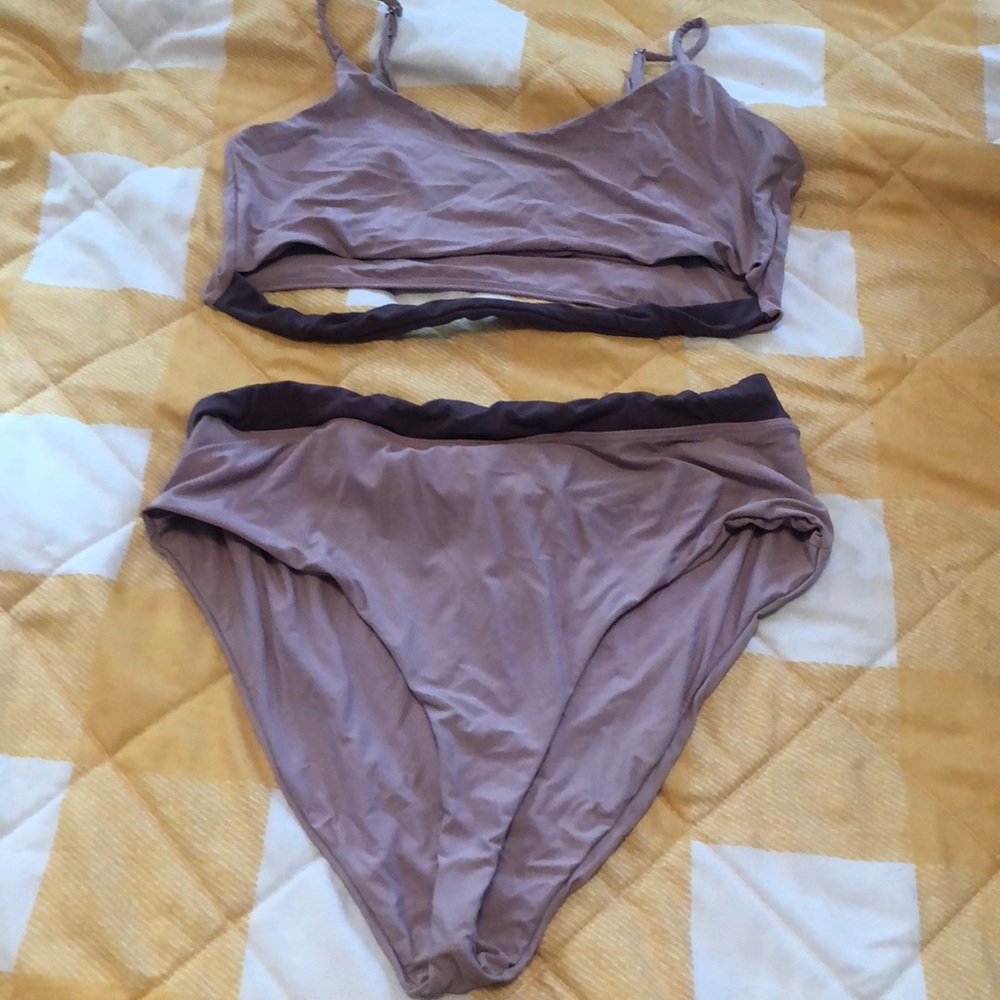 Two piece, high waisted bathing suit light and dark purple